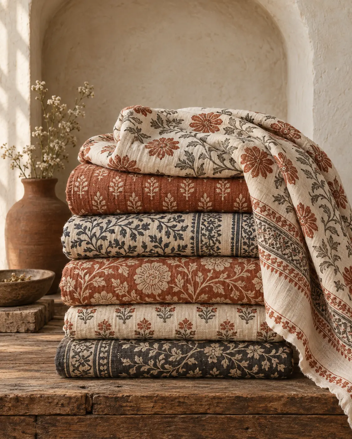 Stack of handcrafted Indian block-printed cotton textiles